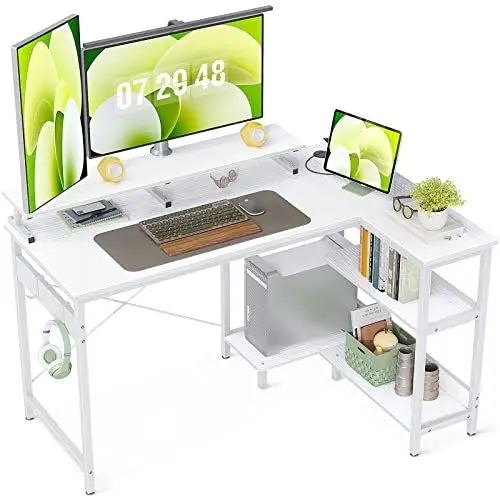 Produktbild: ODK Eckschreibtisch, Schreibtisch Weiß mit Reversibel Regal, L Förmiger Schreibtisch mit Monitorständer, Gaming Tisch mit Bücherregal Computertisch für Heimbüro, (Weiß, 120x80x88cm)