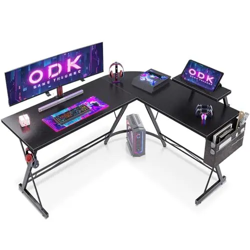 Produktbild: ODK Gaming Tisch, Gaming Schreibtisch Eckschreibtisch für Gamer, Schreibtisch L Form mit Aufsatzregal für Büro (Schwarz, 147 x 120 cm)