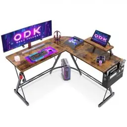 Produktbild: ODK Gaming Tisch, Gaming Schreibtisch Eckschreibtisch für Gamer, Schreibtisch L Form mit Monitorständer für Büro (Vintage Braun, 127 x 127 cm)