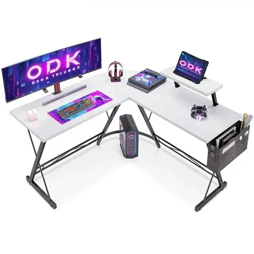 Produktbild: ODK Gaming Tisch, Gaming Schreibtisch Eckschreibtisch für Gamer, Schreibtisch L Form mit Monitorständer für Büro (Weiß, 127 x 127 cm)