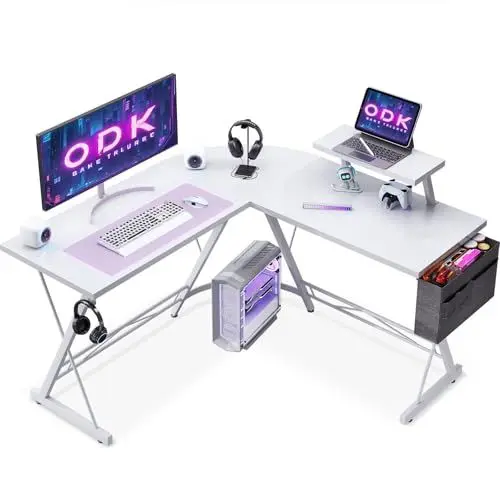 Produktbild: ODK Gaming Tisch mit Monitorablage, Gaming Schreibtisch mit Aufbewahrungstasche, Schreibtisch L Form für Gaming Reines Weiß, 127 x 127cm