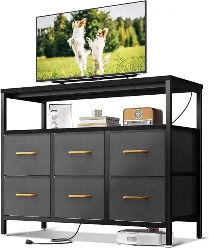 Produktbild: ODK Kommode mit Schubladen, mit 2 Steckdosen und 2 USB, 6 Großen Stoffschubladen, Multifunktionaler Schubladenschrank Geeignet für Schlafzimmer und Wohnzimmer, 100 * 30 * 85.2cm, Schwarz