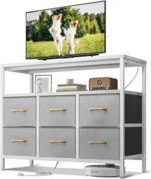 Produktbild: ODK Kommode mit Schubladen, mit 2 Steckdosen und 2 USB, 6 Großen Stoffschubladen, Multifunktionaler Schubladenschrank Geeignet für Schlafzimmer und Wohnzimmer, 100 * 30 * 85.2cm, Weiß