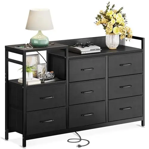 Produktbild: ODK Kommode mit Schubladen, 2 USB & 2 AC-Anschlüssen, 8 Schubladen aus Stoff - Geeignet für Multifunktionaler Schubladenschrank für Schlafzimmer und Wohnzimmer, 132 * 30 * 88 cm, Schwarz