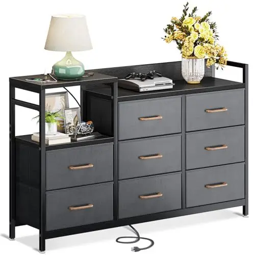 Produktbild: ODK Kommode mit Schubladen, 2 USB & 2 AC-Anschlüssen, 8 Schubladen aus Stoff - Geeignet für Multifunktionaler Schubladenschrank für Schlafzimmer und Wohnzimmer, 132 * 30 * 88 cm, Dunkelgrau
