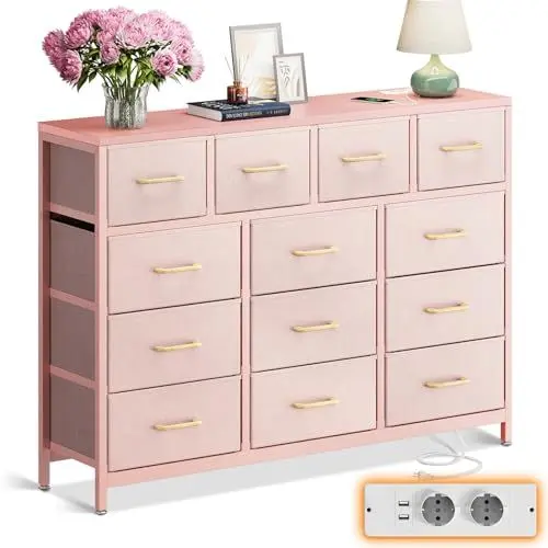 Produktbild: ODK Kommode mit Schubladen, mit 2 Steckdosen und 2 USB-Ladeanschlüssen, Sideboard mit 13 großen Schubladen, Komodenschrank für Wohnzimmer, Flur,Schlafzimmer, Rosa