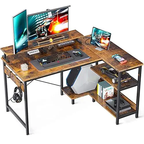 Produktbild: ODK Eckschreibtisch, Schreibtisch mit Regal Reversibel, Gaming Tisch L Form Schreibtisch mit Monitorständer, Computertisch PC Tisch Bürotisch für Heimbüro (Braun, 120x80x88cm)