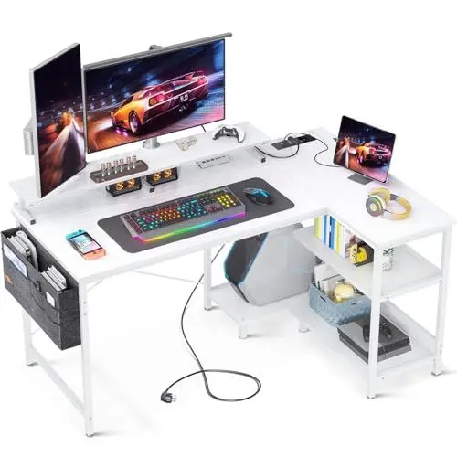 Produktbild: ODK Gaming Tisch L Form, 120x80cm Schreibtisch L Form mit Regal Reversibe, Eckschreibtisch mit USB Ladeanschluss & Steckdose, Ecktisch mit Monitorständer für Büro, Heimbüro, Weiß