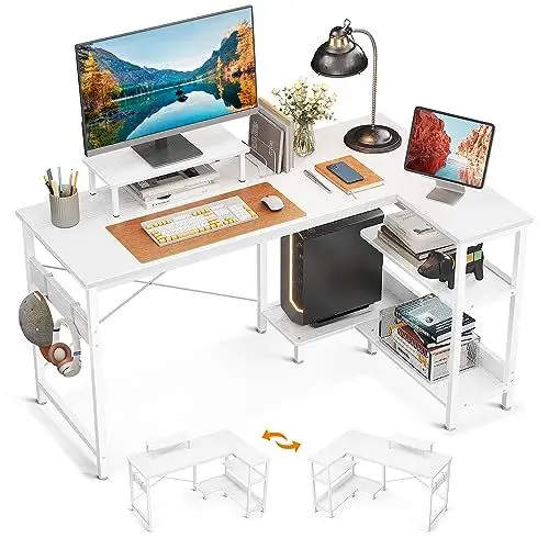 Produktbild: ODK L-förmiger Schreibtisch Weiß, Eckschreibtisch mit Regal Reversibel,120x80x75cm Computertisch L Form mit Monitorständer, Gaming Tisch L Form mit Bücherregal, PC Ecktisch Bürotisch für Heimbüro