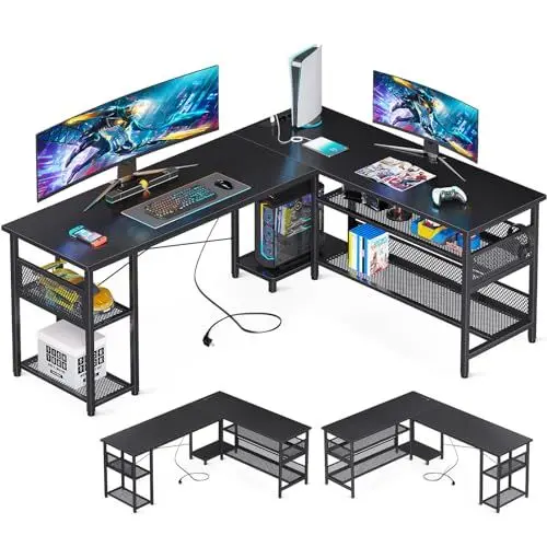 Produktbild: ODK Gaming Schreibtisch L-Form mit Reversibler Anordnung, Schreibtisch mit Großer Stauraum, Eckschreibtisch Schwarz mit 2 Steckdosen und 2 USB Ladeanschluss, 168×120cm
