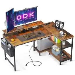Produktbild: ODK Gaming Tisch L Form, 120x80cm Schreibtisch L Form mit Regal Reversibe, Eckschreibtisch mit USB-Ladeanschluss & Steckdose, Ecktisch mit Monitorständer für Büro, Heimbüro, Braun