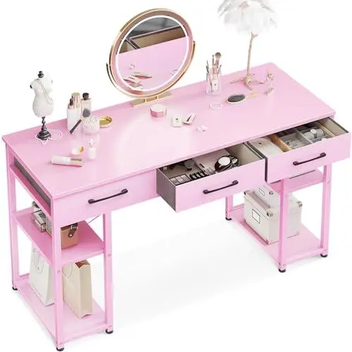 Produktbild: ODK Schminktisch mit 3 Schubladen, Schminktische mit Ablageflächen, Schreibtisch für Schlafzimmer, Make-up, Moderner Schreibtisch Homeoffice (Rosa, 120x40cm)