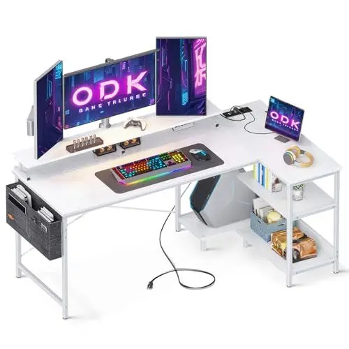 Produktbild: ODK Gaming Tisch L Form, 147x80cm Schreibtisch L Form mit Regal Reversibe, Eckschreibtisch mit USB-Ladeanschluss&Steckdose, Ecktisch mit Monitorständer für Büro, Heimbüro, Weiß