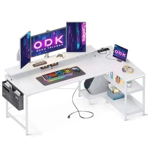Produktbild: ODK Gaming Tisch L Form, 168x80cm Schreibtisch L Form mit Regal Reversibe, Eckschreibtisch mit USB-Ladeanschluss&Steckdose, Ecktisch mit Monitorständer für Büro, Heimbüro, Weiß
