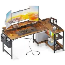 Produktbild: ODK Schreibtisch L Form,Eckschreibtisch mit USB-Ladeanschluss&Steckdose, Gaming Tisch L Form mit Regal Reversibel, L-förmiger Computertisch mit Monitorständer für Büro (Braun, 147x80cm)