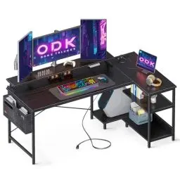 Produktbild: ODK Gaming Tisch L Form, 147x80cm Schreibtisch L Form mit Regal Reversibe, Eckschreibtisch mit USB-Ladeanschluss&Steckdose, Ecktisch mit Monitorständer für Büro, Heimbüro, Schwarz