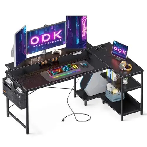 Produktbild: ODK Gaming Tisch L Form, 147x80cm Schreibtisch L Form mit Regal Reversibe, Eckschreibtisch mit USB-Ladeanschluss&Steckdose, Ecktisch mit Monitorständer für Büro, Heimbüro, Schwarz