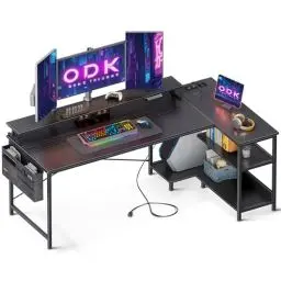 Produktbild: ODK Gaming Tisch L Form, 168x80cm Schreibtisch L Form mit Regal Reversibe, Eckschreibtisch mit USB-Ladeanschluss&Steckdose, Ecktisch mit Monitorständer für Büro, Heimbüro, Schwarz