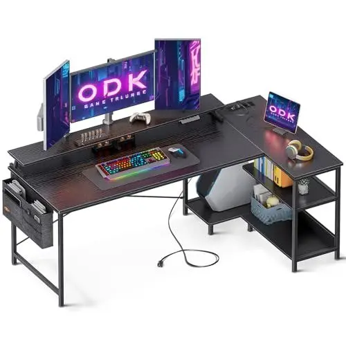 Produktbild: ODK Gaming Tisch L Form, 168x80cm Schreibtisch L Form mit Regal Reversibe, Eckschreibtisch mit USB-Ladeanschluss&Steckdose, Ecktisch mit Monitorständer für Büro, Heimbüro, Schwarz