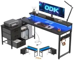 Produktbild: ODK Schreibtisch L Form mit Schubladen, 174x100cm Eckschreibtisch mit Regal Reversibler, Gaming Tisch mit LED & Monitorständer, Computertisch Bürotisch für Arbeitszimmer Schlafzimmer, Schwarz