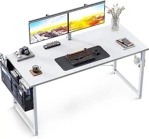 Produktbild: ODK Schreibtisch Weiß 120×48×73.5cm Computertisch Bürotisch mit Kopfhörer Halter und Aufbewahrungstasche, Kleiner Schreibtisch Arbeitszimmer Holz PC Tisch Officetisch für Home, Office