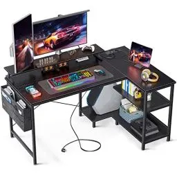 Produktbild: ODK Gaming Tisch L Form, 120x80cm Schreibtisch L Form mit Regal Reversibe, Eckschreibtisch mit USB Ladeanschluss & Steckdose, Ecktisch mit Monitorständer für Büro, Heimbüro, Schwarz