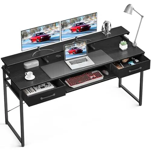 Produktbild: ODK Schreibtisch mit 2 Schubladen, Computertisch mit Tastaturablage, Bürotisch PC-Tisch mit Monitorablage Höhenverstellbaren für Home Office (Schwarz, 160x53x90cm)
