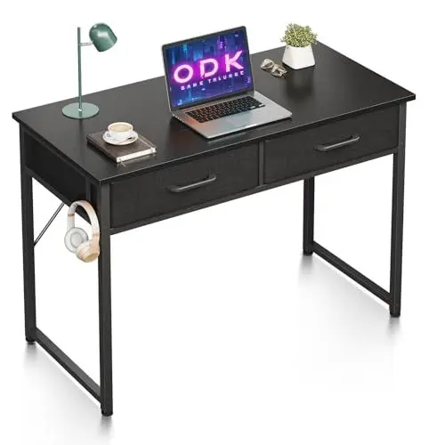 Produktbild: ODK Schreibtisch mit 2 Schubladen, Klein Schreibtisch mit Kopfhörer Halter, Bürotisch PC Tisch Officetisch für Büro, Wohnzimmer, Home Office (Schwarz, 100x40x78.7cm)