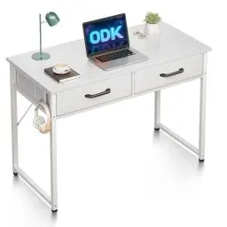 Produktbild: ODK Schreibtisch mit 2 Schubladen, Klein Schreibtisch mit Kopfhörer Halter, Bürotisch PC Tisch Officetisch für Büro, Wohnzimmer, Home Office (Weiß, 100x40x78.7cm)