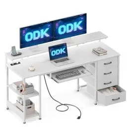 Produktbild: ODK Schreibtisch mit 4 Schubladen, Computertisch mit 2 Steckdosen und 2 USB Ladeanschluss, PC Tisch mit Regal, Gaming Tisch mit Tastaturablage fürs Büro, Wohnzimmer (Weiß, 140x52x92cm)