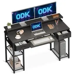 Produktbild: ODK Schreibtisch mit Schubladen, 120x48cm Computertisch mit Regal, PC Tisch mit Tastaturablage, Bürotisch mit Stauraum für Homeoffice, Schwarz