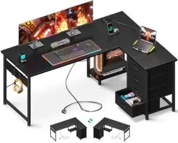 Produktbild: ODK Eckschreibtisch mit 4 Schubladen, 135×100 cm Schreibtisch L Form mit Steckdose und USB-Ladeanschluss, Reversibler Schreibtisch mit Stauraum für Homeoffice und Gaming, Schwarz