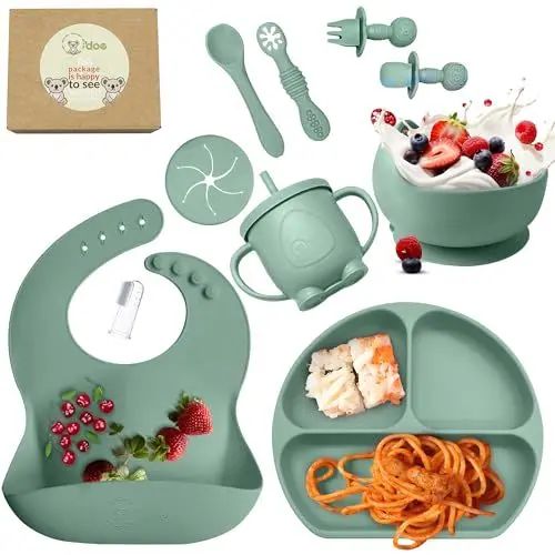 Produktbild: O'doe 11-teilig Baby LED-Entwöhnungszubehör für Kleinkinder, Babyfütterungsset | Saugnapf-Silikon-Babyschale, selbstverzehrende Utensilien mit Löffeln, Tassen, Lätzchen, Essteller-Set mit | Grün, V1