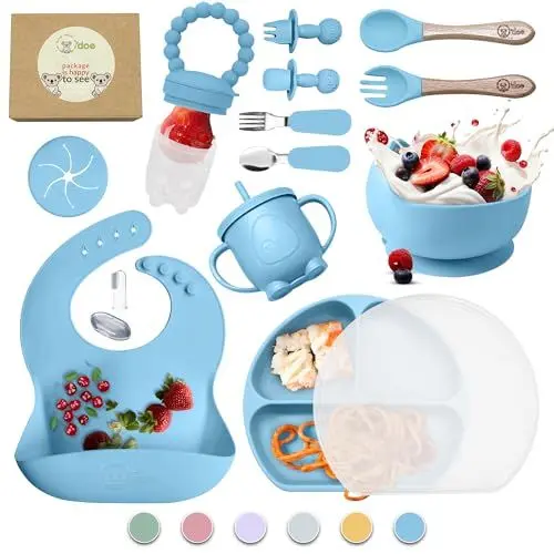 Produktbild: O'doe 17-teilig Baby LED-Entwöhnungszubehör für Kleinkinder, Babyfütterungsset | Saugnapf-Silikon-Babyschale, selbstverzehrende Utensilien mit Löffeln, Tassen, Lätzchen, Essteller-Set mit |Blau, V2