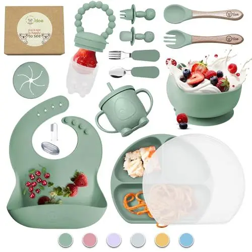 Produktbild: O'doe 17-teilig Baby LED-Entwöhnungszubehör für Kleinkinder, Babyfütterungsset | Saugnapf-Silikon-Babyschale, selbstverzehrende Utensilien mit Löffeln, Tassen, Lätzchen, Essteller-Set mit | Grün, V2