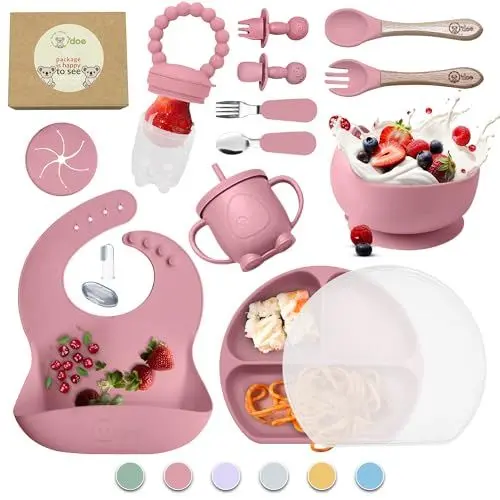 Produktbild: O'doe 17-teilig Baby LED-Entwöhnungszubehör für Kleinkinder, Babyfütterungsset | Saugnapf-Silikon-Babyschale, selbstverzehrende Utensilien mit Löffeln, Tassen, Lätzchen, Essteller-Set mit | Pink, V2