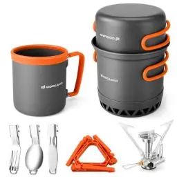 Produktbild: Odoland Camping Töpfe mit Wärmetauscher Camping Kochset mit tragbaren Camping Herd Camping Mess Kit enthalten Mug, Folding Utensil Set, Kanister Stabilisator für Backpacking Outdoor Wandern & Picknick