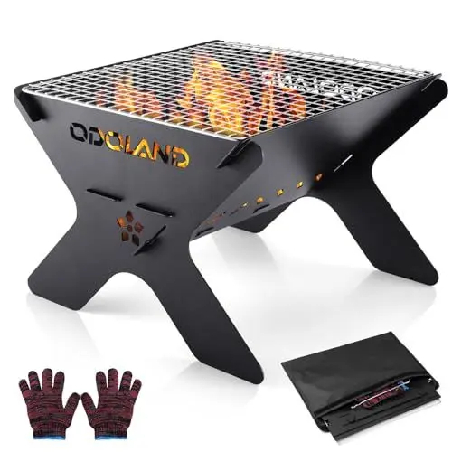 Produktbild: Odoland Camping-Feuerstelle, tragbare Feuerstelle für Camping, 2 in 1 Holzfeuergrill mit Abnehmbarer Kochplatte zum Grillen im Freien, mit Tragetasche