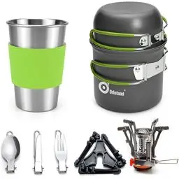 Produktbild: Odoland Camping Geschirr Set 10-teiliges Outdoor Kochgeschirr Aluminium Camping Töpfe Becher Faltbare Besteck Mini Campingkocher für Outdoor Picknick Wandern