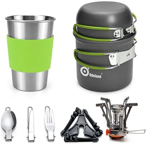 Produktbild: Odoland Camping Geschirr Set 10-teiliges Outdoor Kochgeschirr Aluminium Camping Töpfe Becher Faltbare Besteck Mini Campingkocher für Outdoor Picknick Wandern