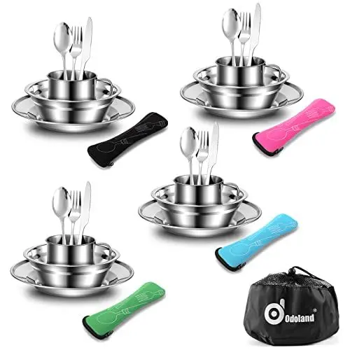 Produktbild: Odoland Campingbesteck Set Outdoor Reisebesteck aus Edelstahl Klappbesteck mit Teller Tasse Outdoor Kochgeschirr Reisen Wandern Camping