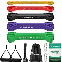 Produktbild: Odoland Fitnessbänder Set Pull Up Resistance Band in 5X Verschiedene Zugstärken – Expander Bänder Set inkl. Klimmzugband, Widerstandsbänder, Griffe, Türanker, Tragebeutel
