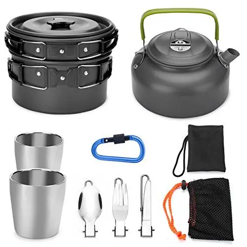 Produktbild: Odoland Geschirr-Set für 1-2 Personen, Kochset mit tragbarem Aluminiumtopf Teekessel Tassen faltbares Besteck, für Camping Outdoor Picknick Wandern