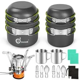 Produktbild: Odoland Camping Geschirr Set 16 PCS für 2 Personen Outdoor Kochgeschirr aus Aluminium und Edelstahl Camping Töpfe Becher Faltbare Besteck Mini Campingkocher für Outdoor Geschirr Picknick Wandern