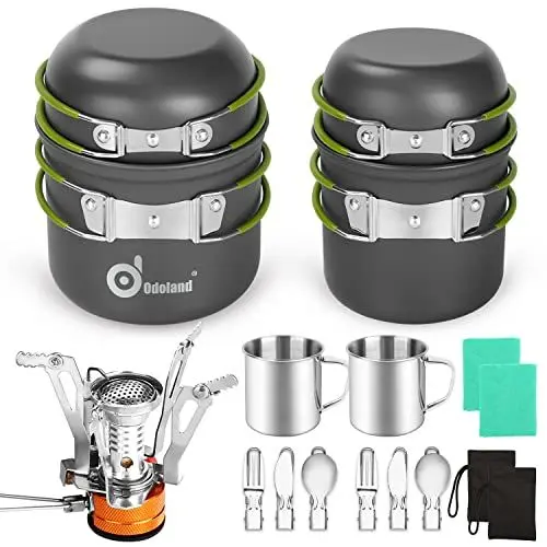 Produktbild: Odoland Camping Geschirr Set 16 PCS für 2 Personen Outdoor Kochgeschirr aus Aluminium und Edelstahl Camping Töpfe Becher Faltbare Besteck Mini Campingkocher für Outdoor Geschirr Picknick Wandern