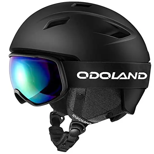 Produktbild: Odoland Skihelm und Skibrille Set Snowboardhelm mit Snowboardbrille für Erwachsene, Schneebrille UV 400 Schutz Windwiderstand Snowboard Brille zum Skifahren Bergsteigen Schwarz M