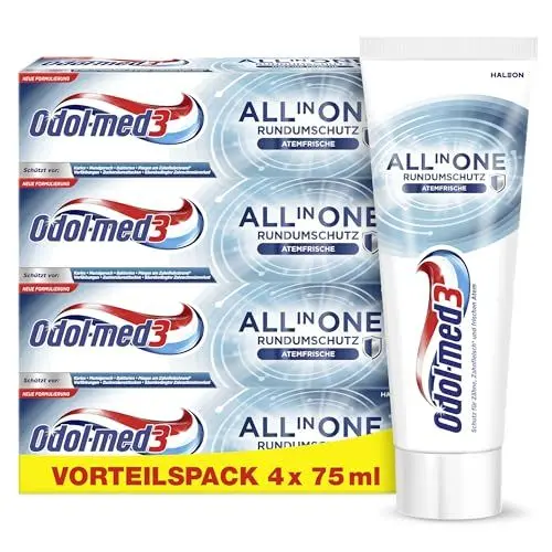 Produktbild: Odol-med3 All in One Rundumschutz Atemfrische Zahnpasta, 4x75ml - für ein reines und extra frisches Mundgefühl.