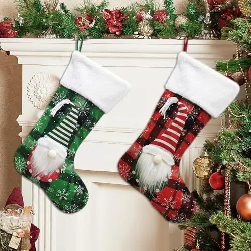 Produktbild: ODOOKON 2 Pcs Weihnachtsstrumpf 42cm Große Stickerei Nikolausstrumpf Weihnachtsstrümpfe Nikolausstiefel Kamin Weihnachtssocken Weihnachten hängende Taschen Xmas Socken Familie