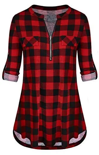 Produktbild: Odosalii Damen V-Ausschnitt Kariert Bluse 3/4 Ärmel Kurzarm Reißverschluss Tunika Tops Longshirt Hemd T-Shirt