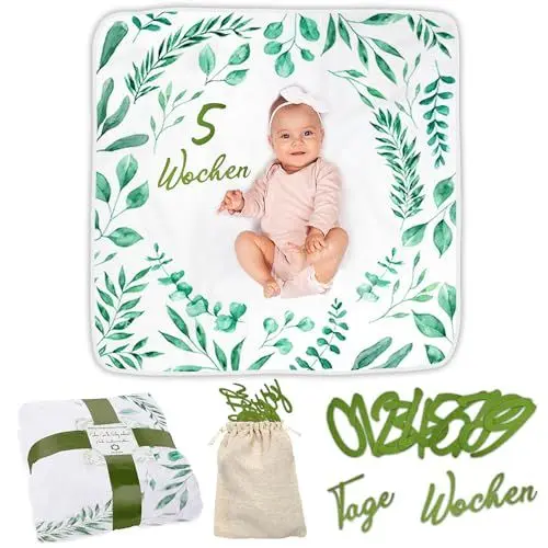 Produktbild: ODOXIA Baby Meilenstein Decke auf Deutsch DE | Monatliche Fotodecke Unisex | Thema Blätter | Personalisiertes Baby Shower Geschenk für Neue Mütter | Babydecke | Inklusive Rahmen